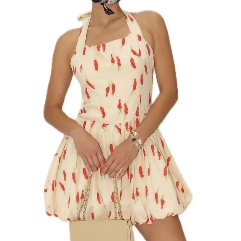 Bailey Rose Neutral Red Chili Pepper Hot To Go Bubble Hem Halter Neck Mini Dress